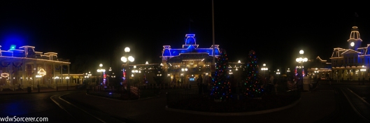 Pamoramic photo  of Magic Kingdom at Christmas. Photo is from the Mickey's Very Merry Christmas Party (MVMCP)